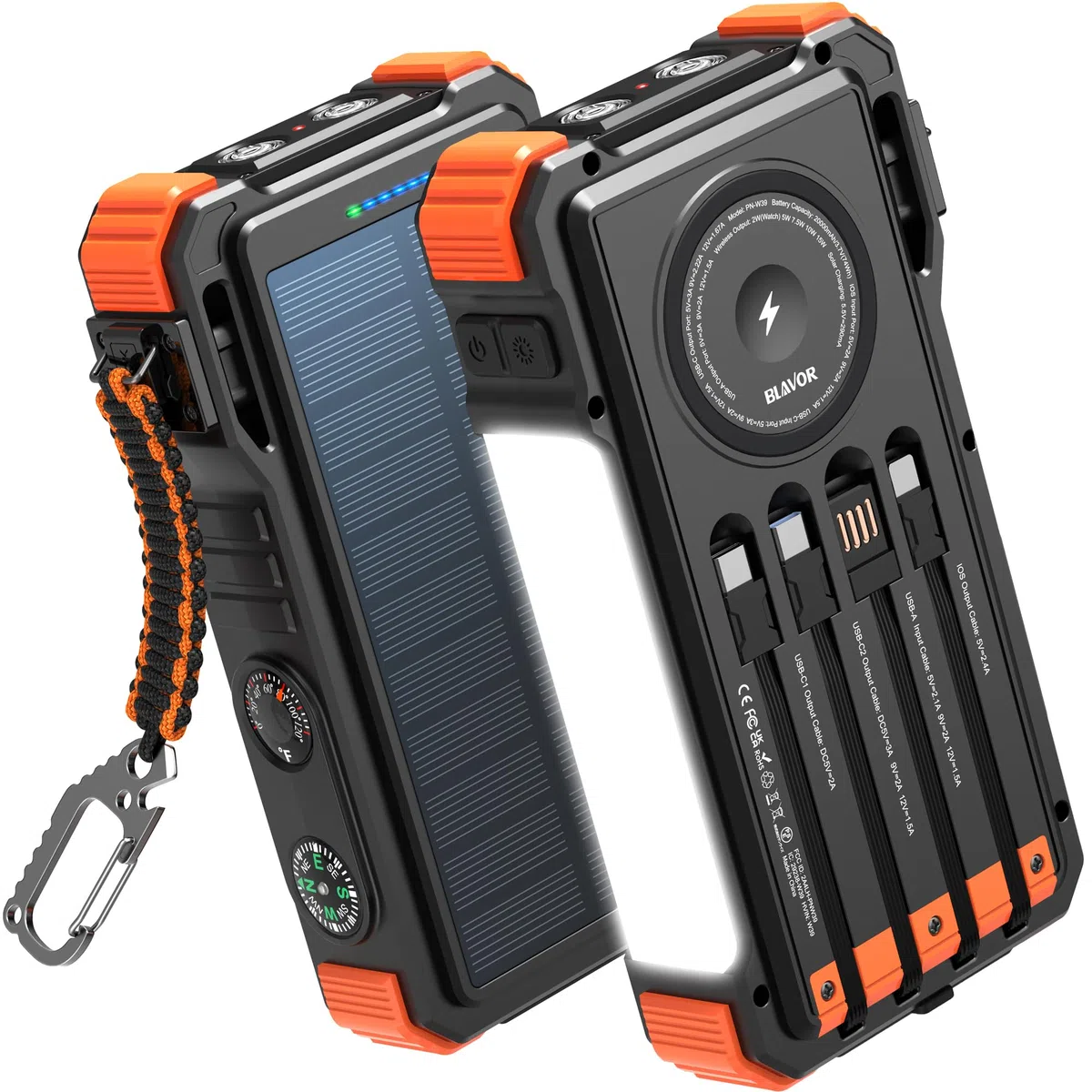 BLAVOR Solar Power Bank 20000mAh mit Kable, 20W Schnellladung Solar Ladegerät USB C Externer Akku Portable Charger mit Taschenlampen und Karabiner für alle Handy, Wireless Ladegerät für Apple Watch