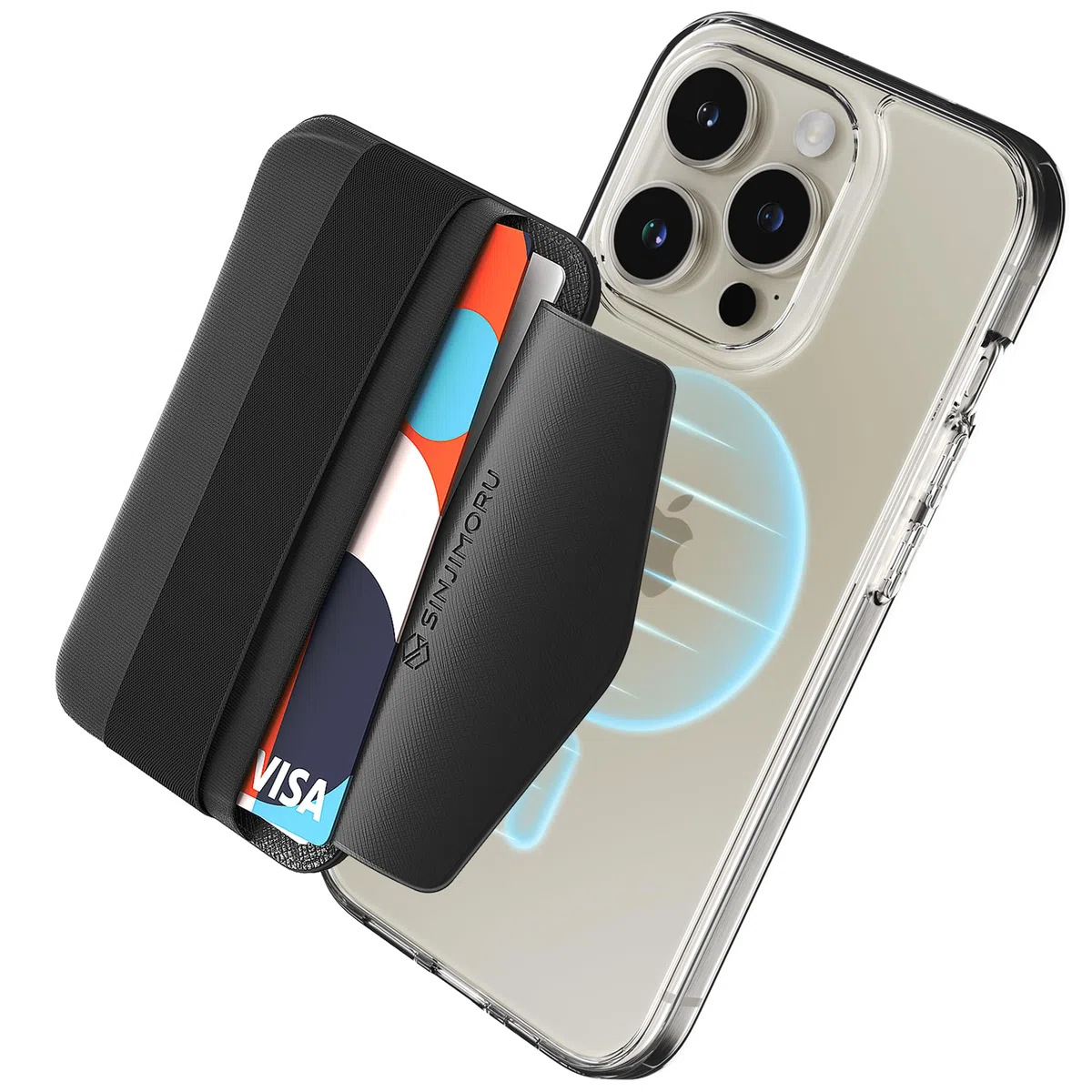 Sinjimoru Magnetischer Kartenhalter mit elastischem Fingerhalter, Handy Kartenetui mit weichem Band kompatibel mit MagSafe Wallet für iPhone 17, 16, 15, 14 & 13 Reihe. M-Band Schwarz