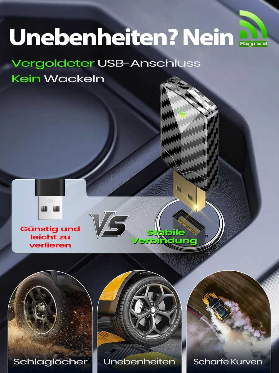 Mini CarPlay Wireless Adapter für Apple iPhone, Android Auto Wireless Adapter mit Auto GPS Navigation, Karbonfaser Design, Metall USB-A/C, Schnell & Stabil, Kompatibel mit iPhone (iOS 10+)/Android 10+