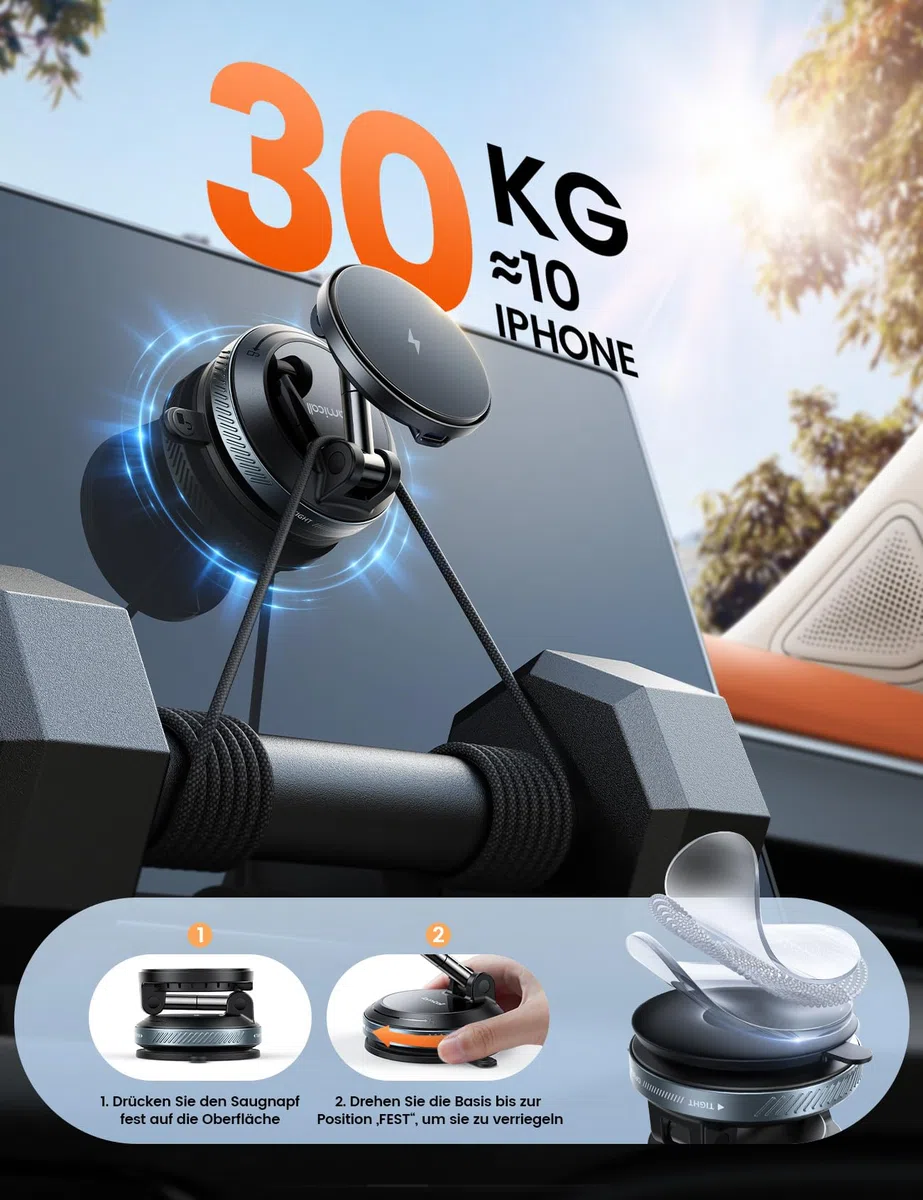 Lamicall 15W für MagSafe Autohalterung mit Ladefunktion - [TOP Vakuum] Magnetische Handyhalterung Auto Saugnapf für Armaturenbrett & Windschutzscheibe, Magnet Handy Halterung Auto Ladegrät für iPhone