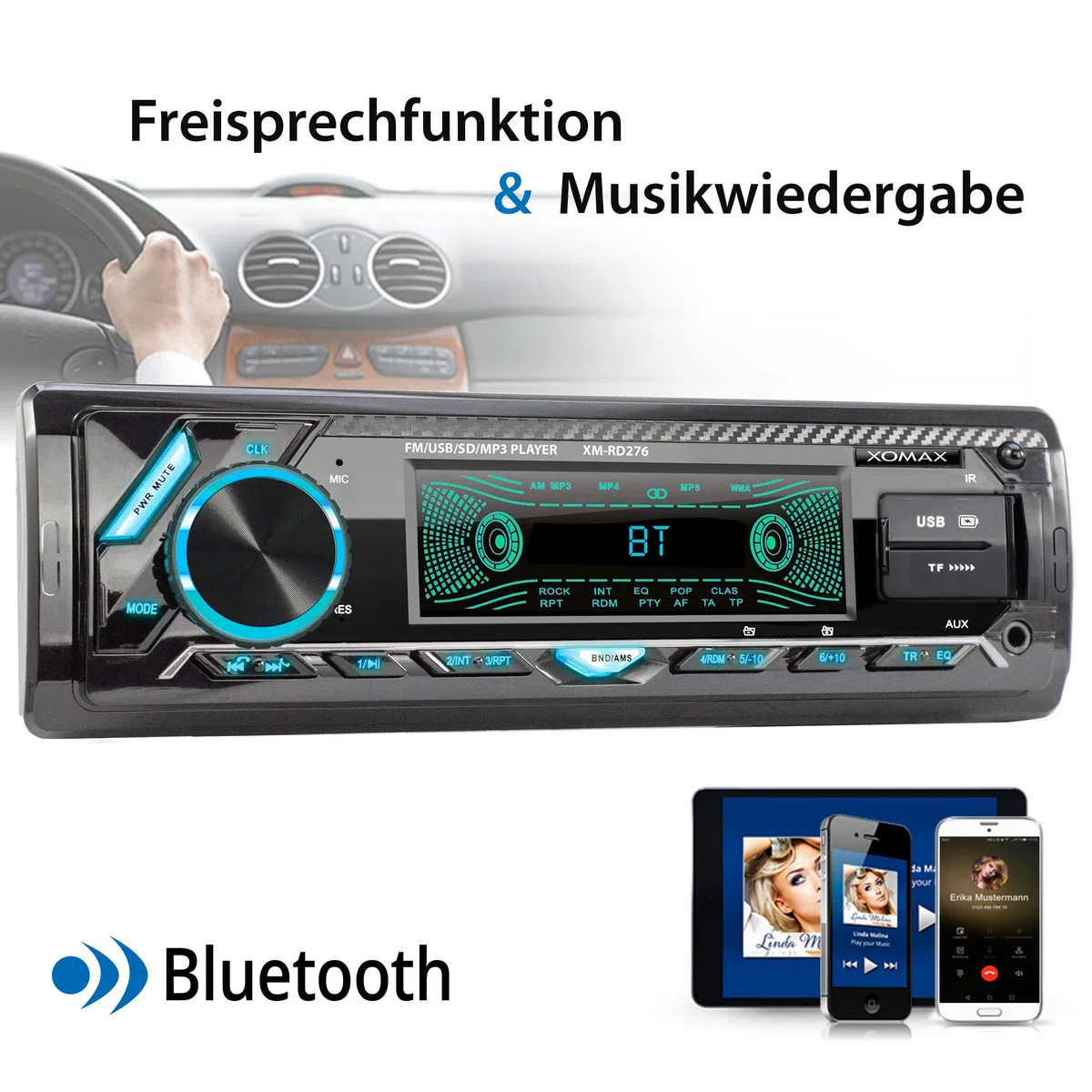 XOMAX XM-RD276 Autoradio mit DAB+ Tuner und Antenne I FM RDS I Bluetooth Freisprecheinrichtung I 2X USB, microSD, AUX I 7 Farben I 1 DIN