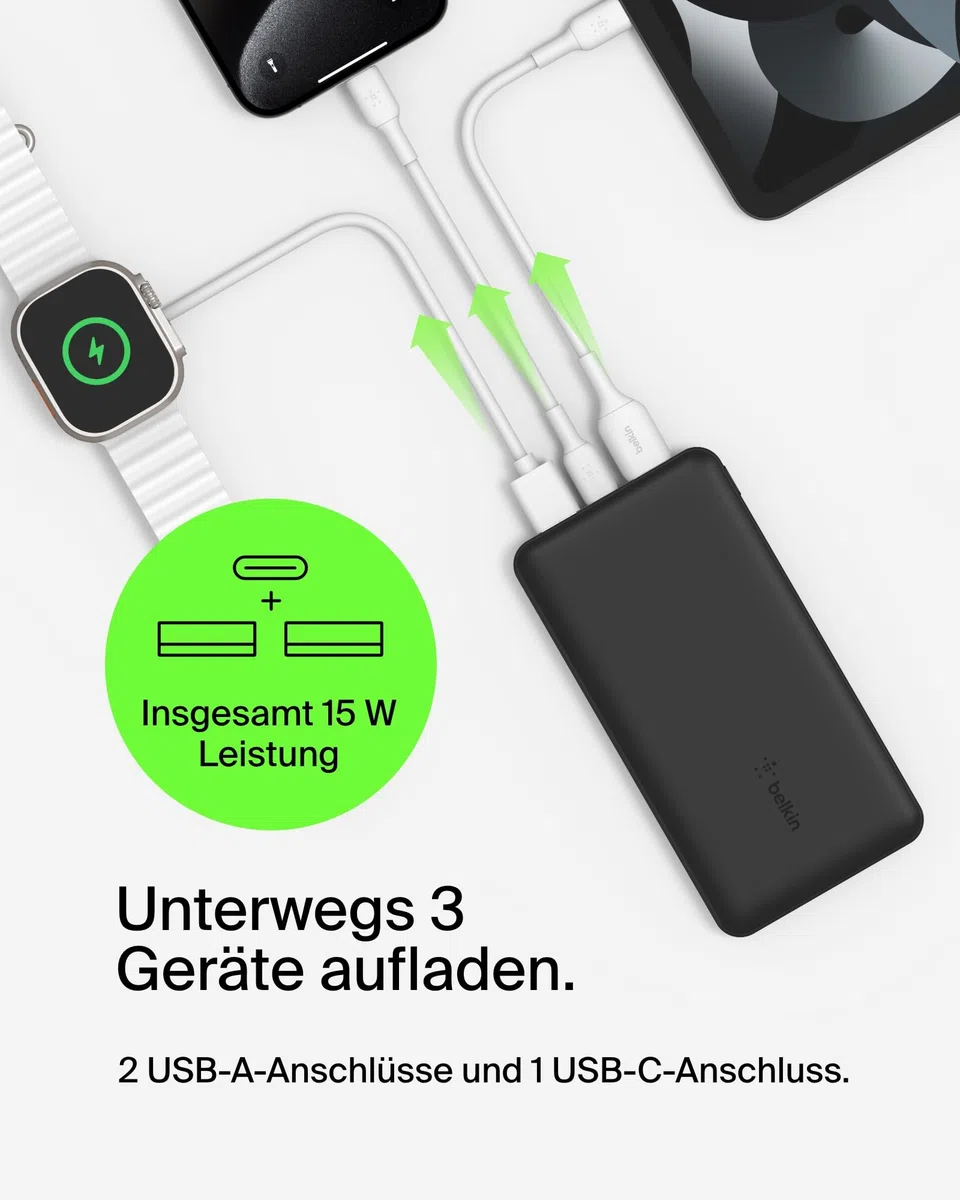 Belkin tragbares -Ladegerät, 20.000mAh, 20K Powerbank mit -Ein-/Ausgang und 2 USB-A-Anschlüssen mit USB-C/USB-A-Kabel für iPhone, Galaxy, Pixel, iPad, AirPods und andere Geräte – Schwarz