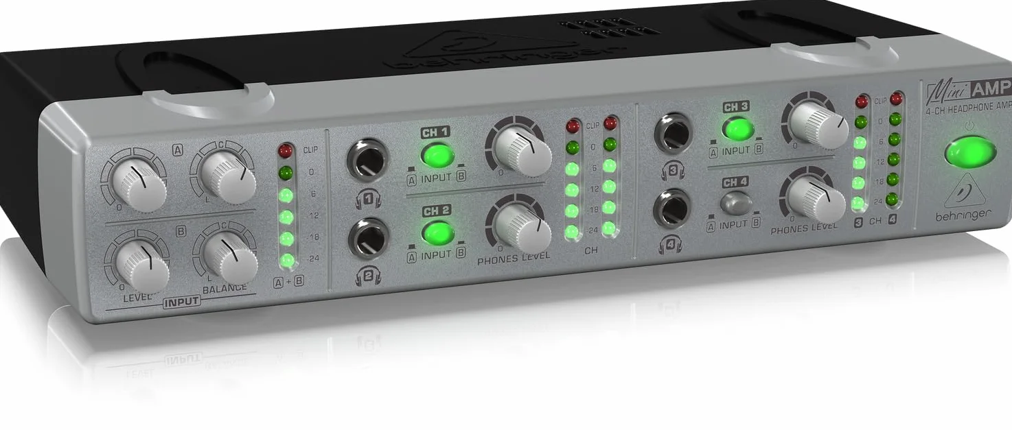 Behringer AMP800 V2 4-Kanal-Stereo-Kopfhörerverstärker, ultrakompakter Kopfhörer-Verteilerverstärker mit 8 Ausgängen, zwei Stereo-Eingängen und LED-Pegelanzeige für Studio-Monitoring